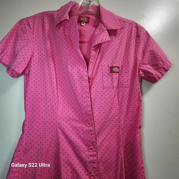 Y2K Dickies Sz M Barbie Pink Black Polkadot Buttondown Dress Worksiren Festival - Picture 2 of 14